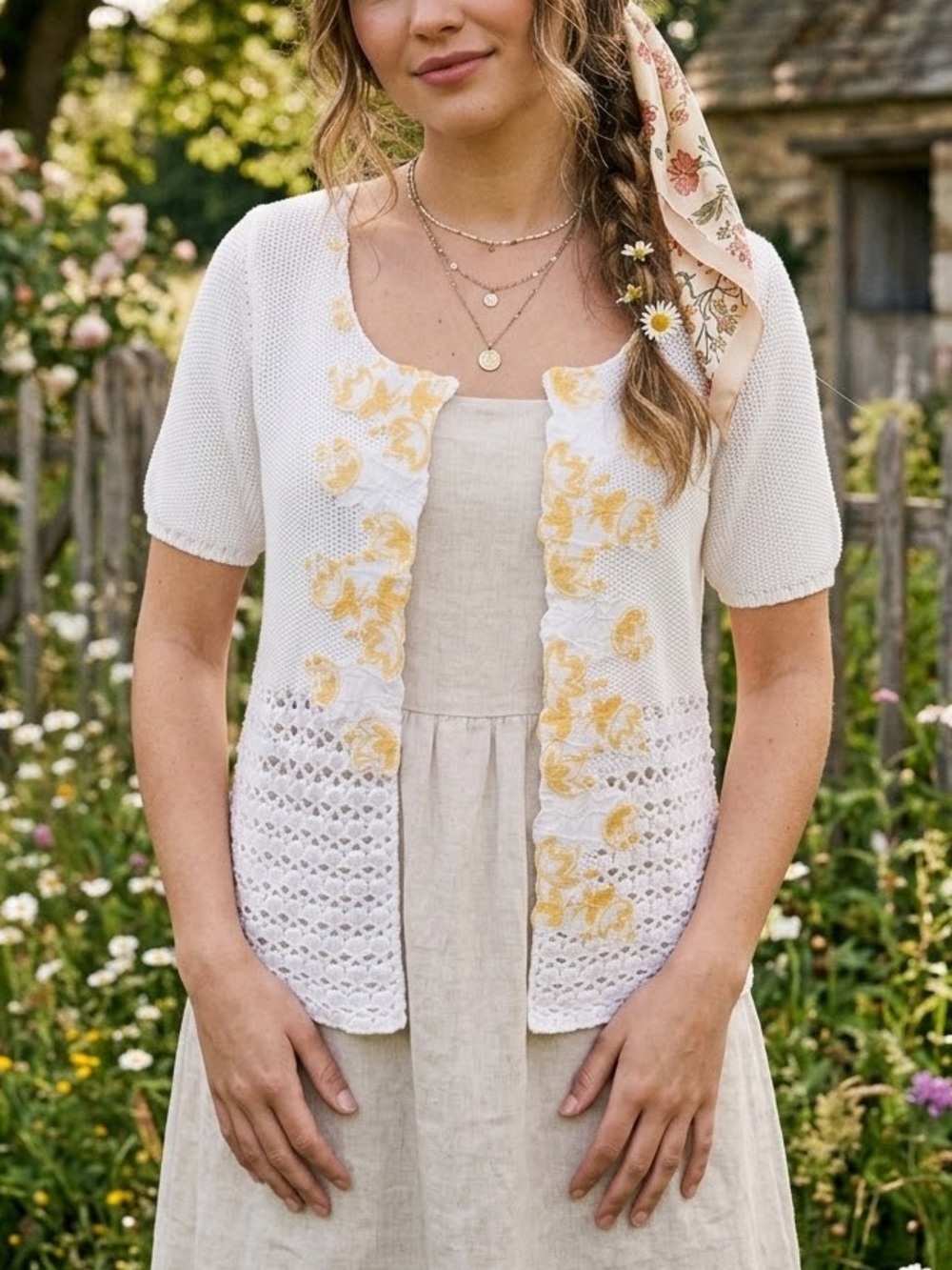 Field Flower Anthropologie White Short-Sleeve Knitted Cardigan with Yellow sizeM